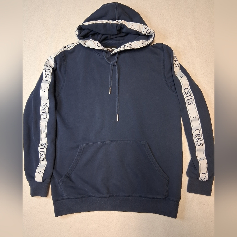 Crooks & Castles Navy Hoodie with White Branded Sleeve Tape